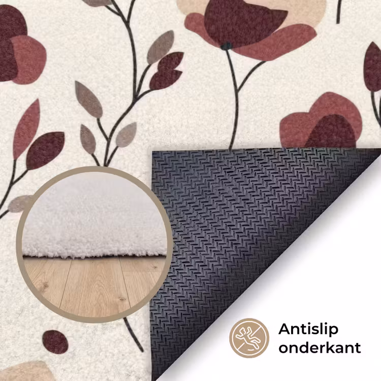 Bloemen - Botanisch - Bordeaux Vloerkleed Rechthoek klein 1091 -uniquesellingpoint_antislip_NL_DE
