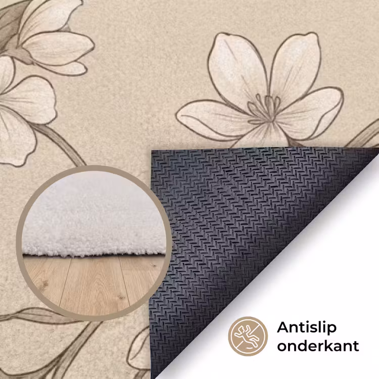 Bloemen - Patroon - Beige Vloerkleed Rechthoek klein -uniquesellingpoint_antislip_NL_DE