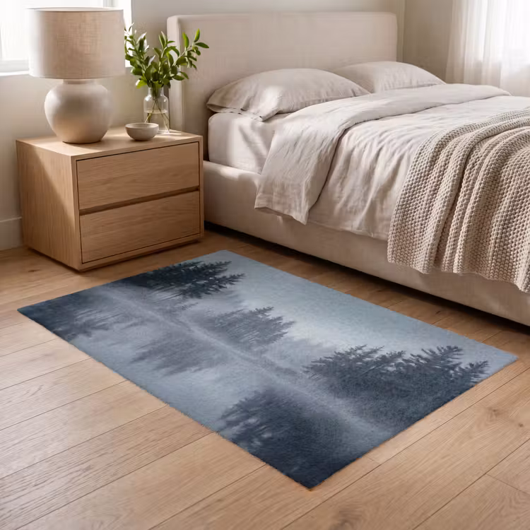 Bos - Meer - Mist - Natuur - Grijs Vloerkleed Rechthoek klein -atmosphere_sfeer3_global