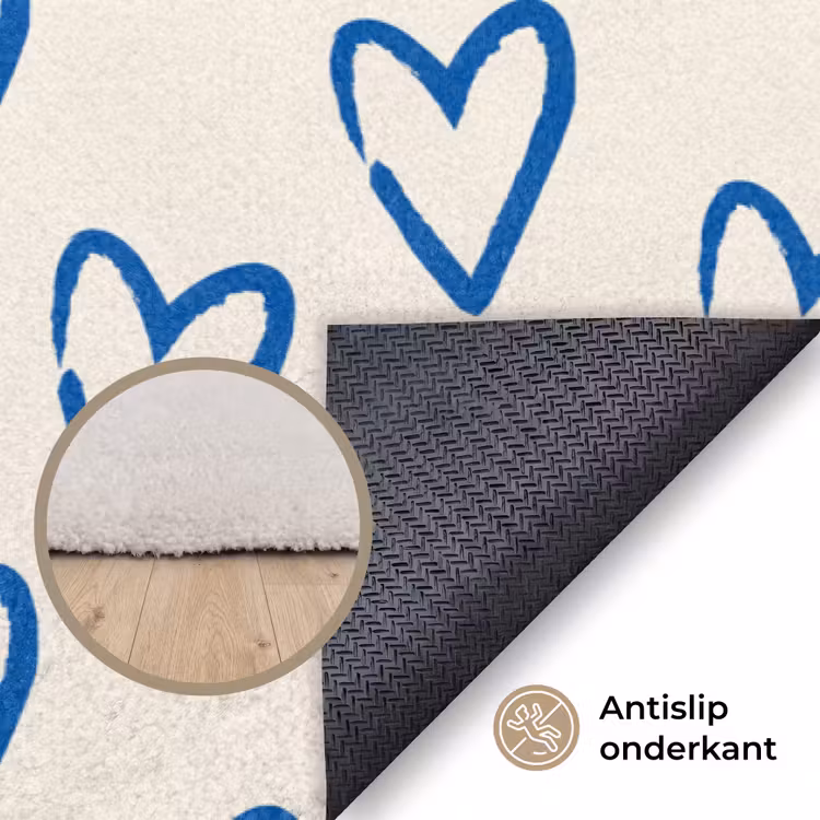 Hartjes patroon - Blauw - Beige - Liefde Vloerkleed Rechthoek klein -uniquesellingpoint_antislip_NL