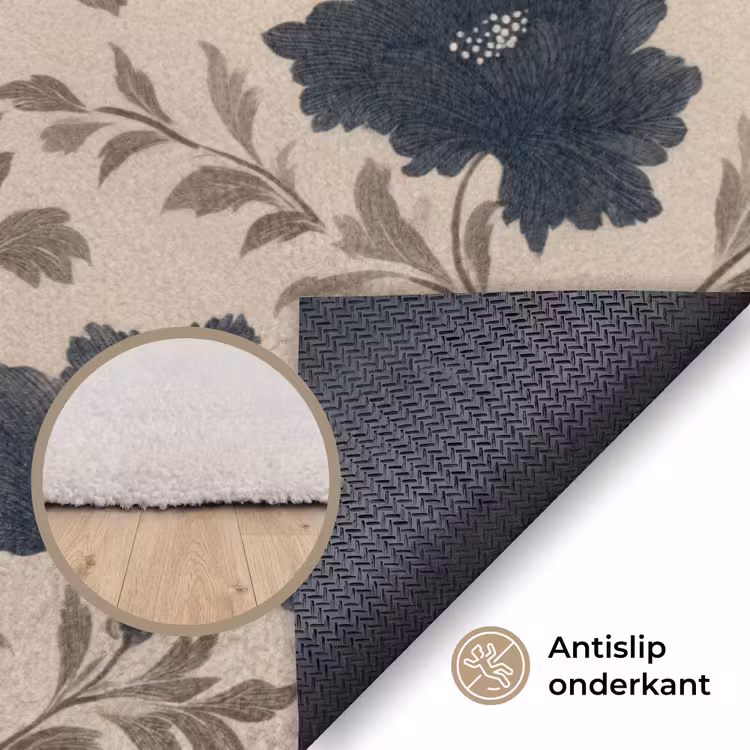 Motief - Bloemen - Zwart - Beige Vloerkleed Rechthoek klein 1091 -uniquesellingpoint_antislip_NL