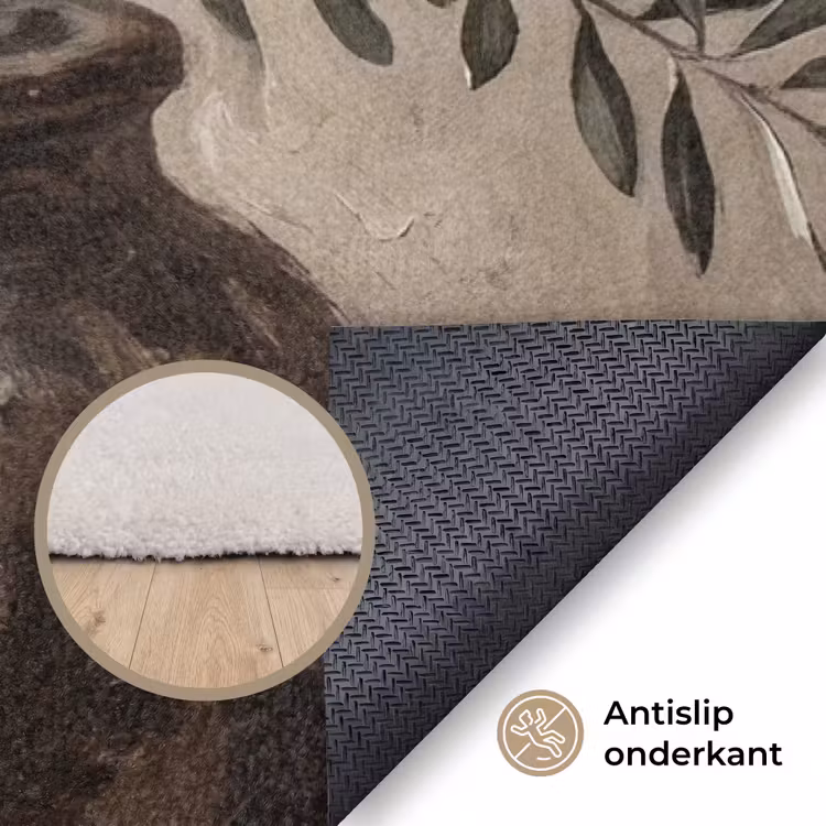 Olijfplant - Aardenpot - Abstract - Beige Vloerkleed Rechthoek klein -uniquesellingpoint_antislip_NL