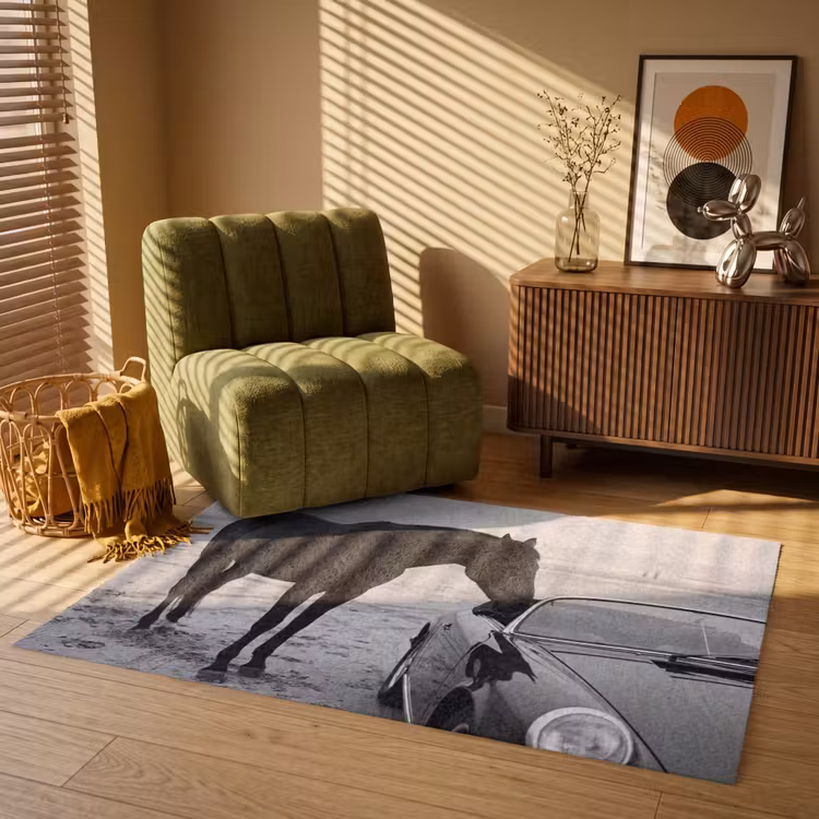 Paard - Auto - Zwart - Wit Vloerkleed Rechthoek klein -atmosphere_sfeer1_global