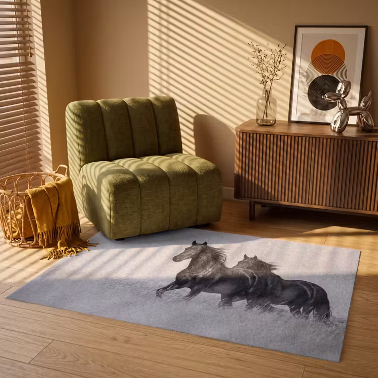 Paarden - Gras - Zwart - Wit Vloerkleed Rechthoek klein -atmosphere_sfeer1_global