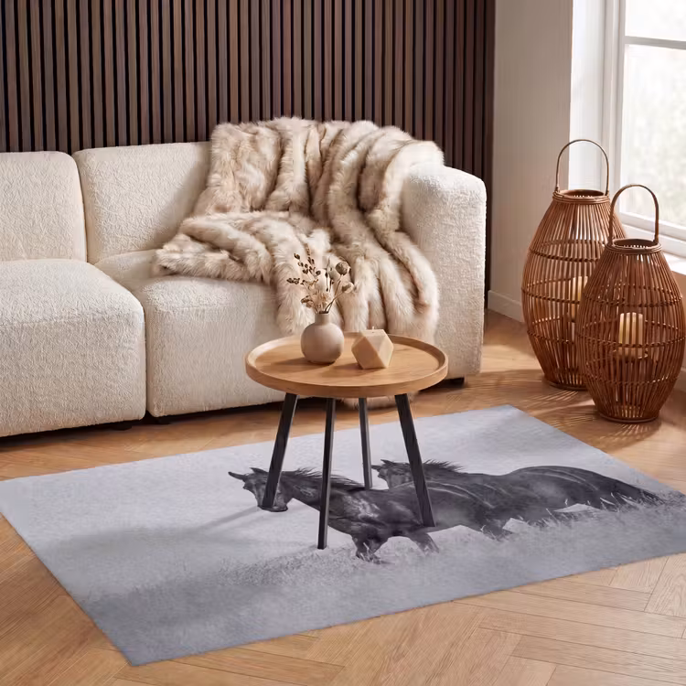 Paarden - Gras - Zwart - Wit Vloerkleed Rechthoek klein -atmosphere_sfeer2_global