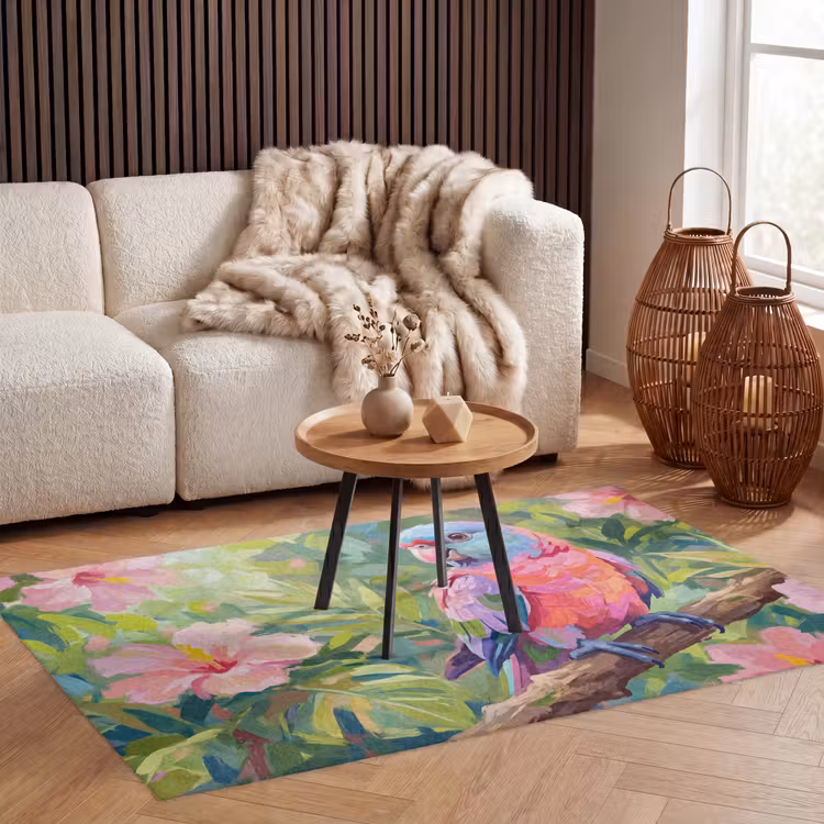 Papagaai - Hibiscusbloemen - Kleurrijk Vloerkleed Rechthoek klein -atmosphere_sfeer2_global