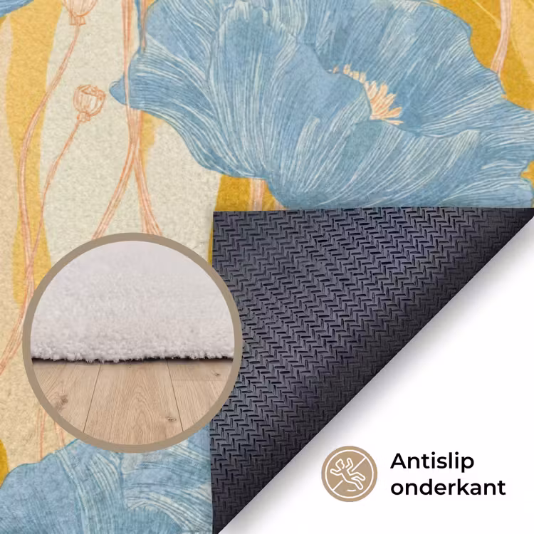 Papavers - Botanisch - Blauw Vloerkleed Rechthoek klein 1091 -uniquesellingpoint_antislip_NL