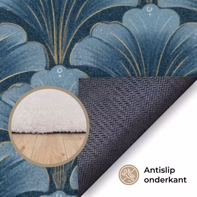 Patroon - Ginkgoblad - Blauw Vloerkleed Rechthoek klein 1091 -uniquesellingpoint_antislip_NL