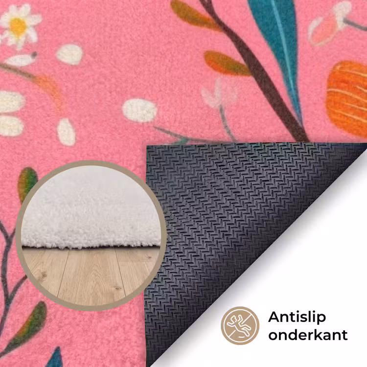 Roze - Bloemen - Wit - Oranje Vloerkleed Rechthoek klein -uniquesellingpoint_antislip_NL