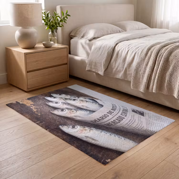 Vloerkleed - Sardientje - krant - snijplank - Sardientje - krant - snijplank Vloerkleed Rechthoek klein