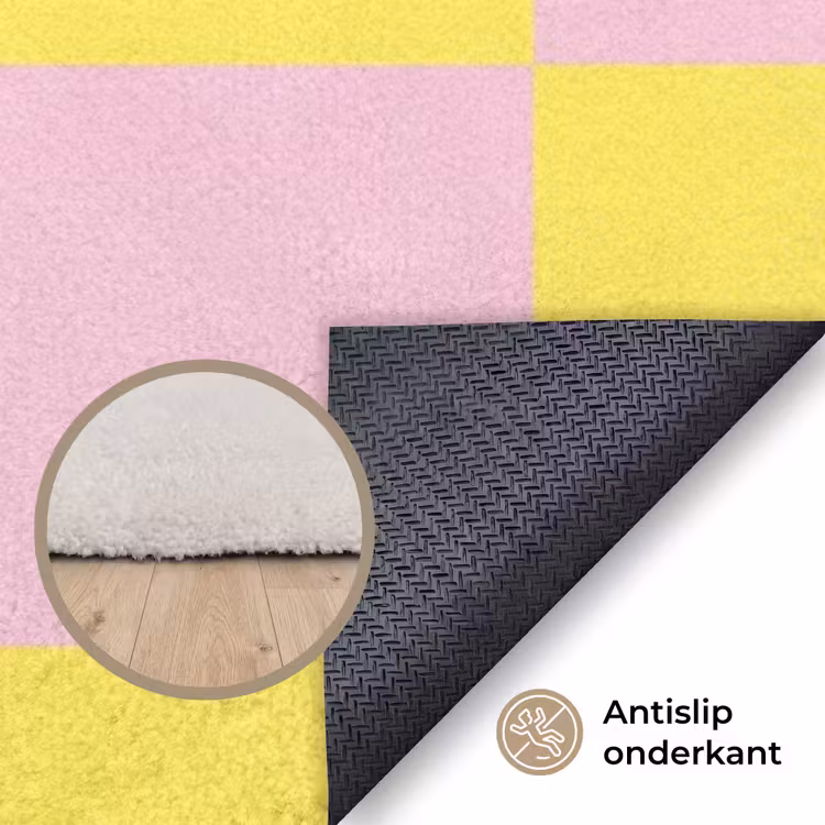 Schaakbord patroon - Geel - Roze - Blokjes Vloerkleed Rechthoek klein -uniquesellingpoint_antislip_NL