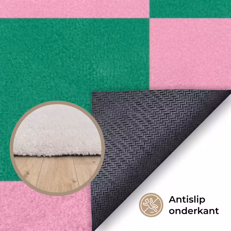 Schaakbord patroon - Groen - Roze - Blokjes Vloerkleed Rechthoek klein -uniquesellingpoint_antislip_NL