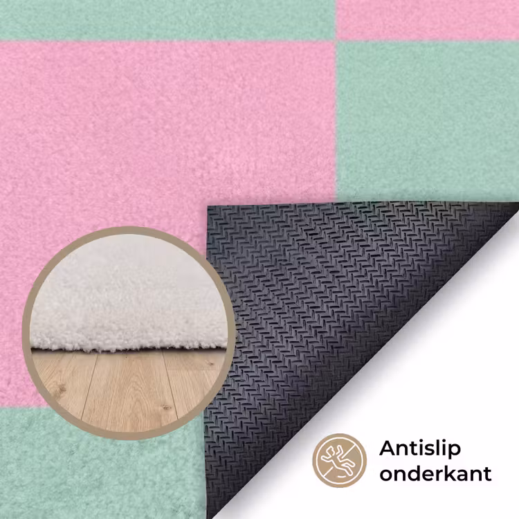 Schaakbord patroon - Groen - Roze - Blokjes Vloerkleed Rechthoek klein -uniquesellingpoint_antislip_NL