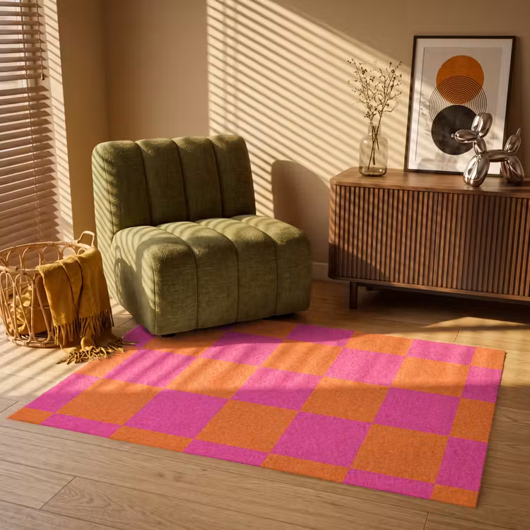 Schaakbord print - Oranje - Roze - Blokjes Vloerkleed Rechthoek klein -atmosphere_sfeer1_global