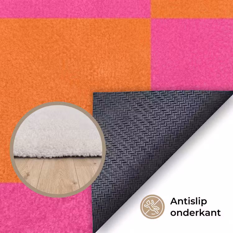 Schaakbord print - Oranje - Roze - Blokjes Vloerkleed Rechthoek klein -uniquesellingpoint_antislip_NL