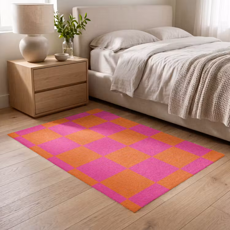 Schaakbord print - Oranje - Roze - Blokjes Vloerkleed Rechthoek klein -atmosphere_sfeer3_global