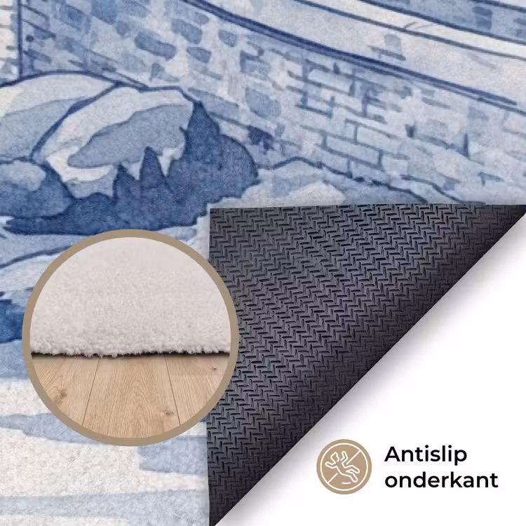 Schots - Kasteel - Blauw - Aquarel Vloerkleed Rechthoek klein -uniquesellingpoint_antislip_NL_DE