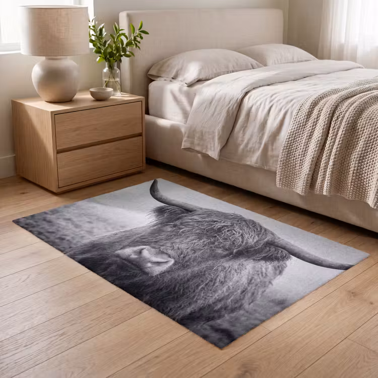 Schotse hooglander - Zwart - Wit - Gras Vloerkleed Rechthoek klein -atmosphere_sfeer3_global