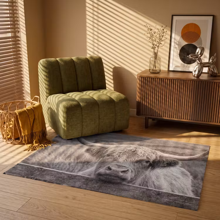Schotse hooglander - Zwart - Wit - Hout Vloerkleed Rechthoek klein -atmosphere_sfeer1_global