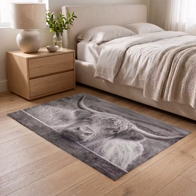 Schotse hooglander - Zwart - Wit - Hout Vloerkleed Rechthoek klein -atmosphere_sfeer3_global