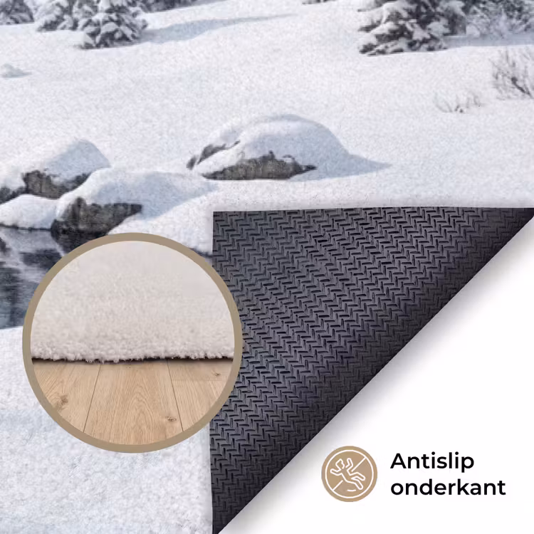 Sneeuwlandschap - Bergen - Rivier - Winter Vloerkleed Rechthoek klein -uniquesellingpoint_antislip_NL