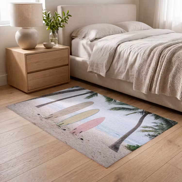 Surfboard - Palmbomen - Kleurrijk Vloerkleed Rechthoek klein -atmosphere_sfeer3_global
