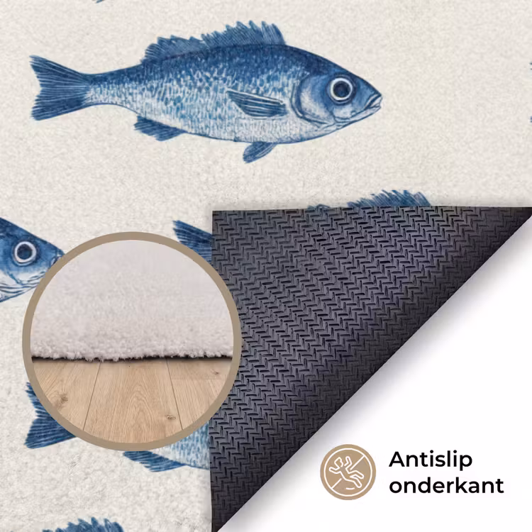 Vis - Patroon - Blauw Vloerkleed Rechthoek klein 1091 -uniquesellingpoint_antislip_NL_DE