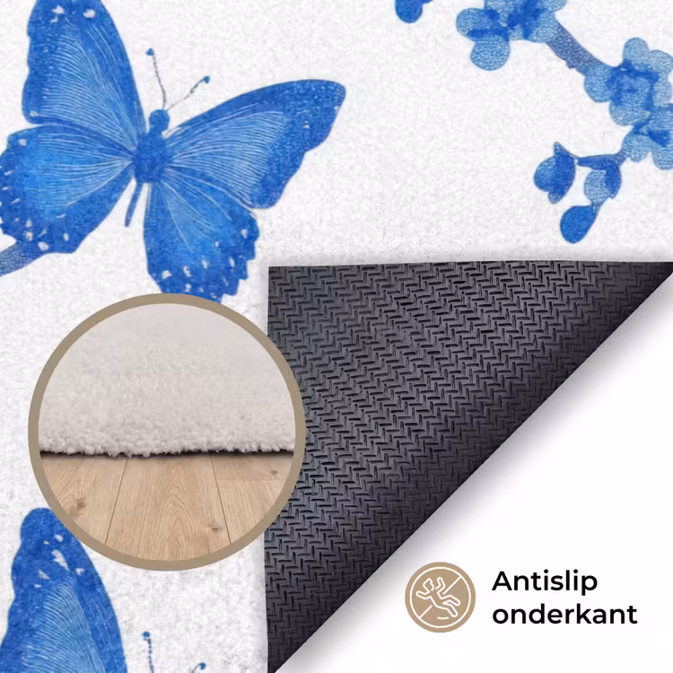 Vlinder - Bloemen - Blauw Vloerkleed Rechthoek klein 1091 -uniquesellingpoint_antislip_NL_DE