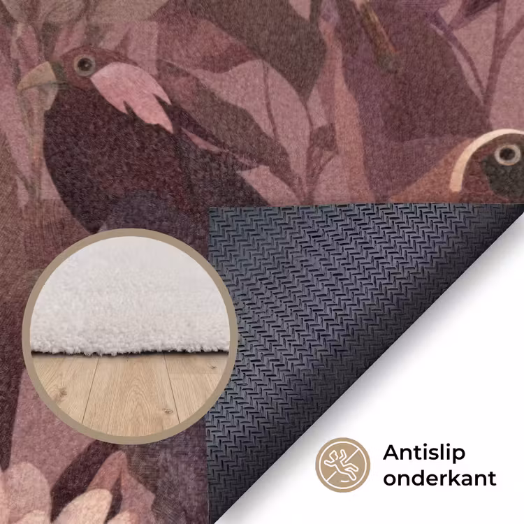 Vogels - Bladeren - Roze Vloerkleed Rechthoek klein 1091 -uniquesellingpoint_antislip_NL