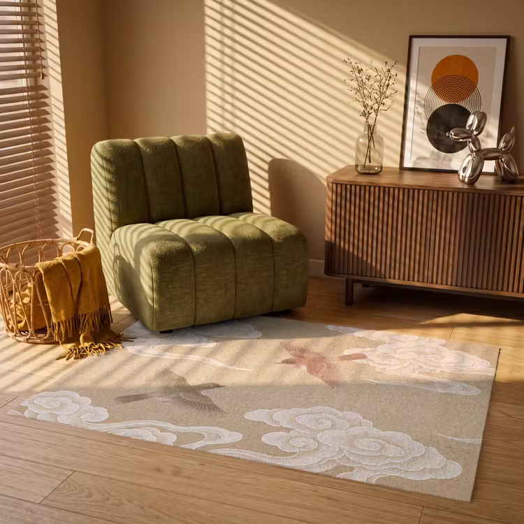 Vogels - Vliegen - Beige Vloerkleed Rechthoek klein -atmosphere_sfeer1_global