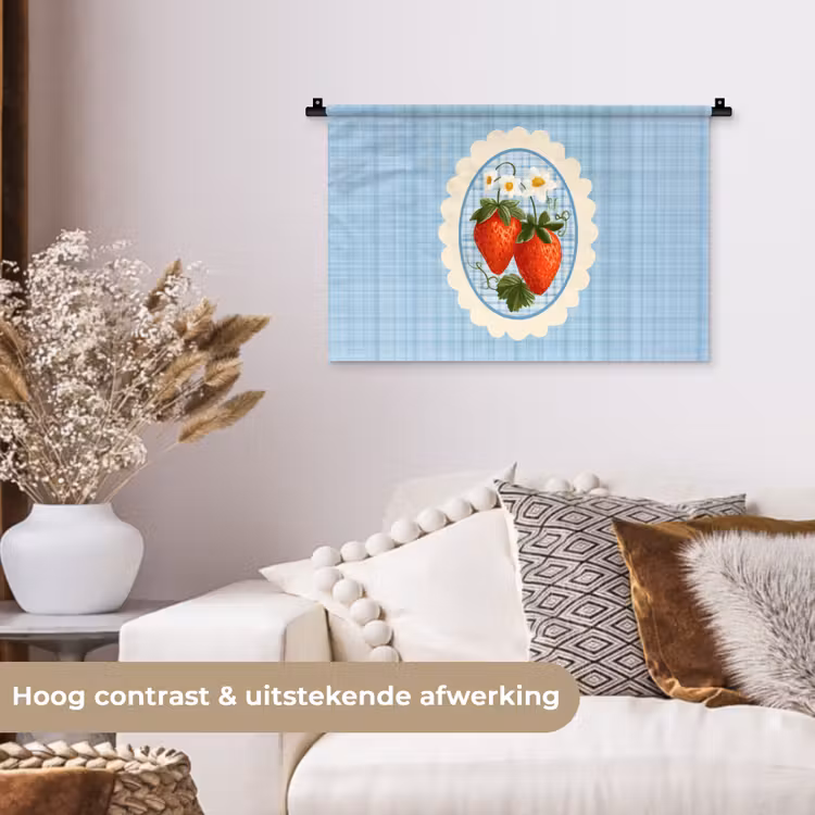 Aardbeien - Lijst - Rood - Geruit Wandkleed katoen klein -sfeer1