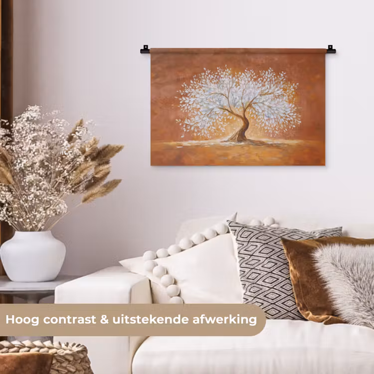 Abstract - Boom - Wit - Bladeren Wandkleed katoen klein -sfeer1