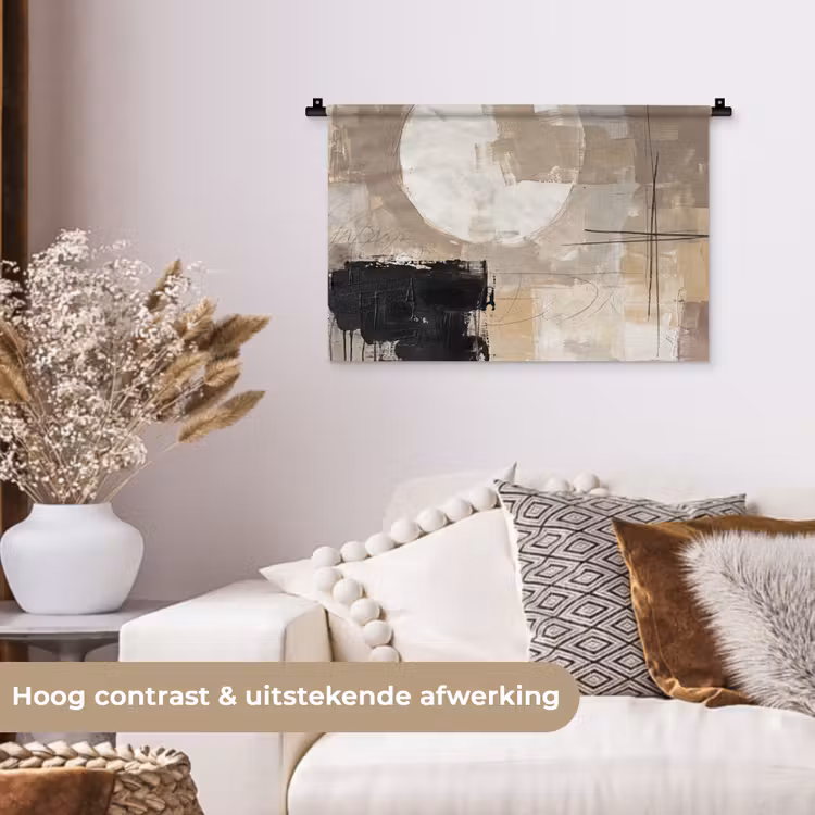 Abstract - Cirkel - Modern - Beige - Zwart - Minimalistisch Wandkleed katoen klein -sfeer1