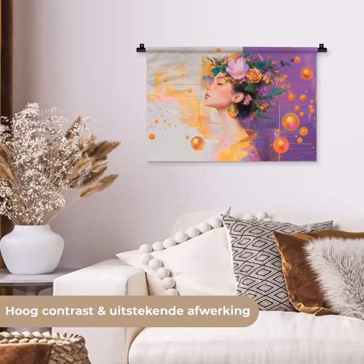 Abstract - Vrouw - Bloemenkroon - Goud Wandkleed katoen klein -sfeer1