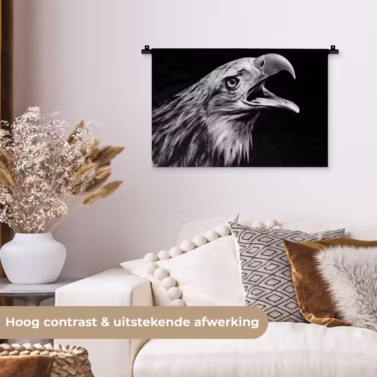 Adelaar - Portret - Roofvogels - Zwart - Wit - Vogel Wandkleed katoen klein -sfeer1