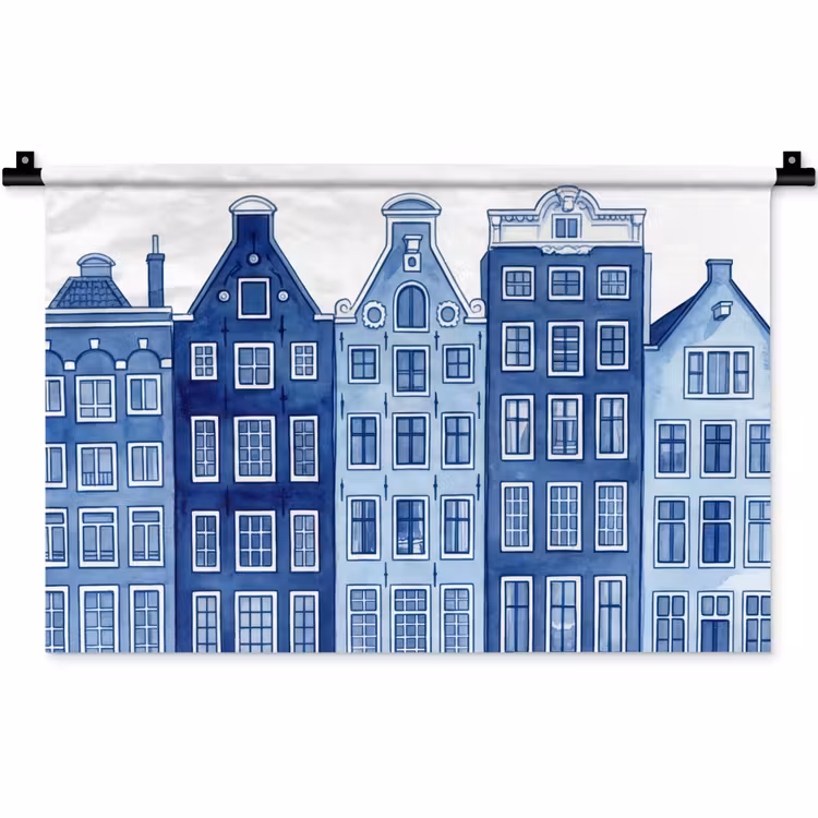 Aquarel - Grachtenpanden - Delfts - Blauw Wandkleed katoen klein -zz3d