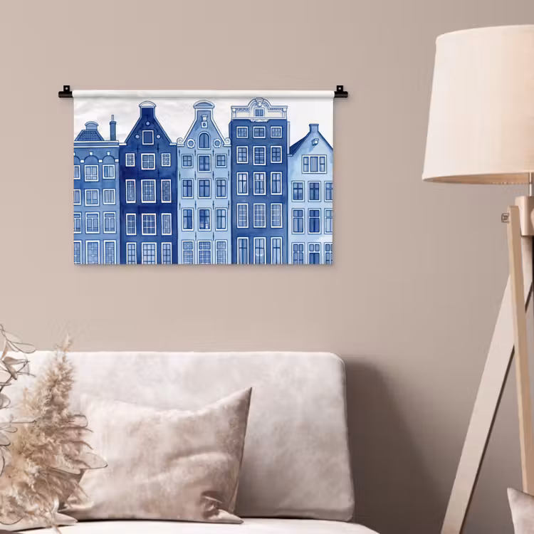 Aquarel - Grachtenpanden - Delfts - Blauw Wandkleed katoen klein -sfeer4
