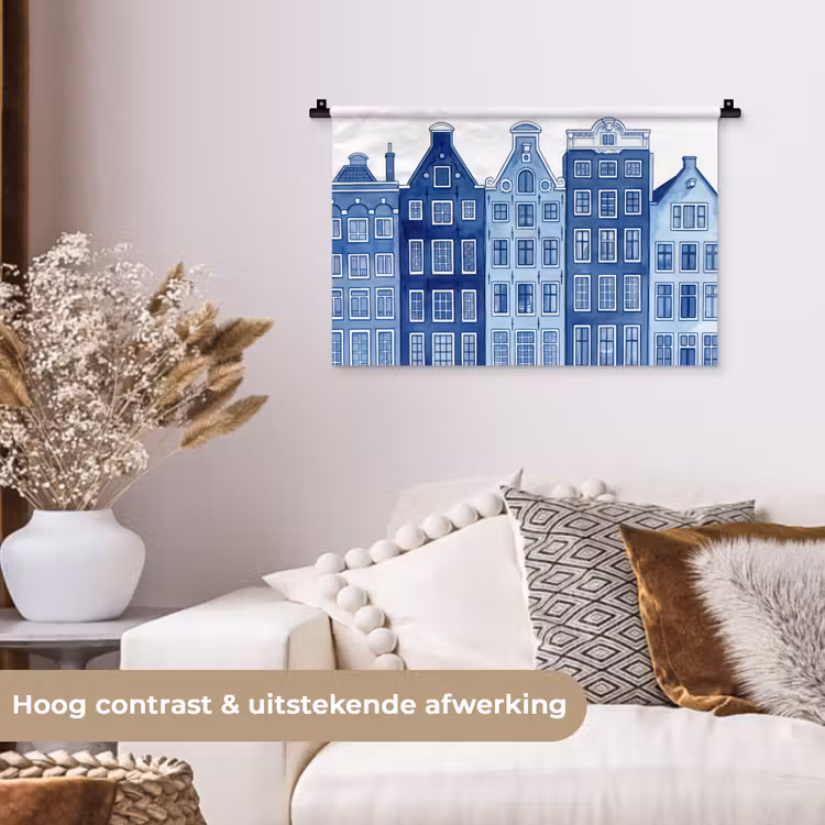 Aquarel - Grachtenpanden - Delfts - Blauw Wandkleed katoen klein -sfeer1