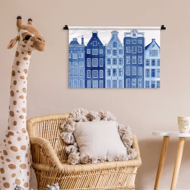 Aquarel - Grachtenpanden - Delfts - Blauw Wandkleed katoen klein -wsfeer5_kind