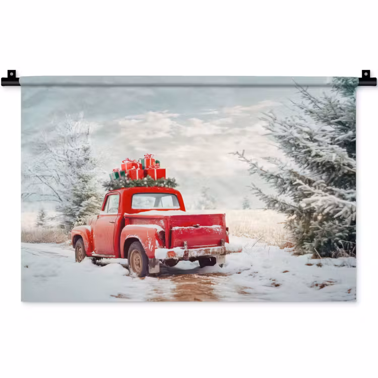 Auto - Rood - Cadeaus - Winter - Sneeuw - Kerst Wandkleed katoen klein -zz3d