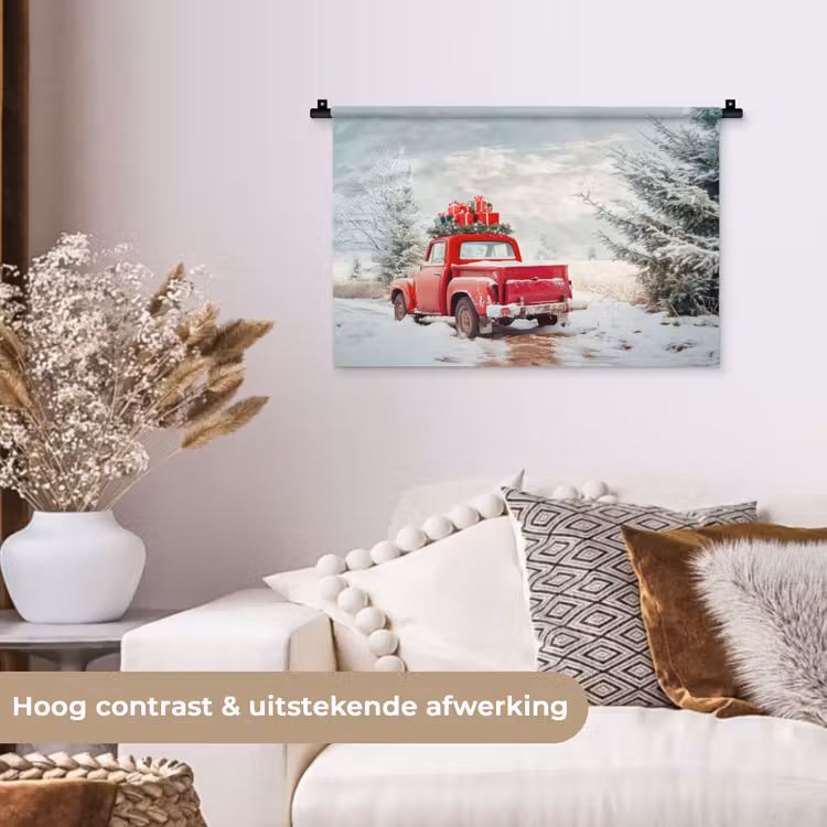 Auto - Rood - Cadeaus - Winter - Sneeuw - Kerst Wandkleed katoen klein -sfeer1