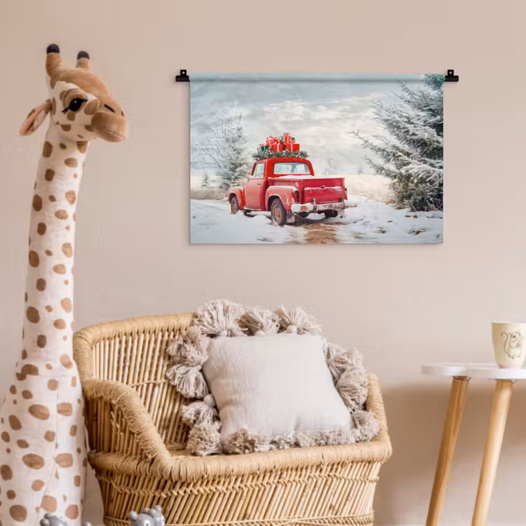 Auto - Rood - Cadeaus - Winter - Sneeuw - Kerst Wandkleed katoen klein -wsfeer5_kind