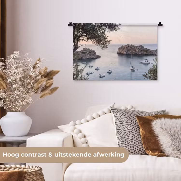 Wandkleed - Baai - boten - zonsondergang - Baai - boten - zonsondergang Wandkleed katoen klein