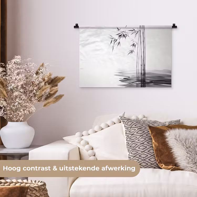Bamboestammen - Water - Minimalistisch - Wit Wandkleed katoen klein -sfeer1