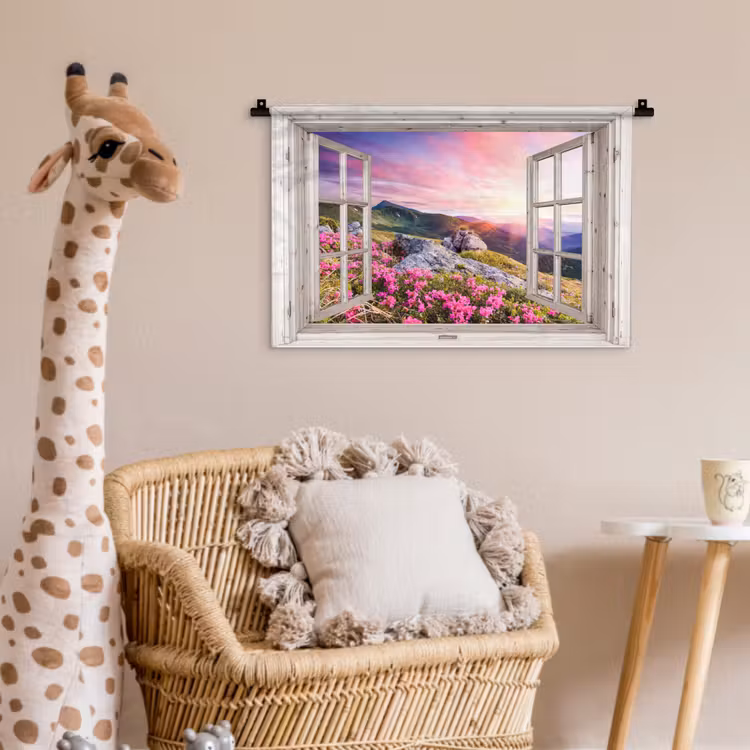 Bergen - Landschap - Doorkijk - Bloemen - Avond - Roze Wandkleed katoen klein -wsfeer5_kind