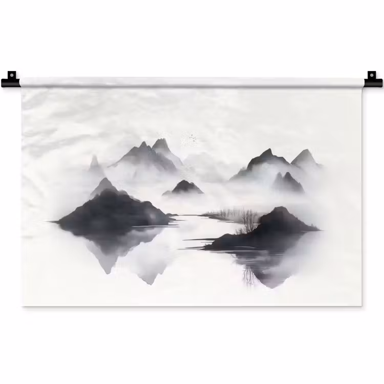 Bergen - Mistig - Water - Wit Wandkleed katoen klein -zz3d