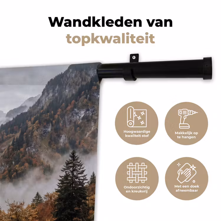 Bergen - Vallei - Mist - Herfst - Natuur Wandkleed katoen klein -sfeer2