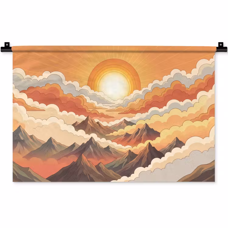 Bergen - Wolken - Natuur - Zonsopgang - Oranje Wandkleed katoen klein -zz3d