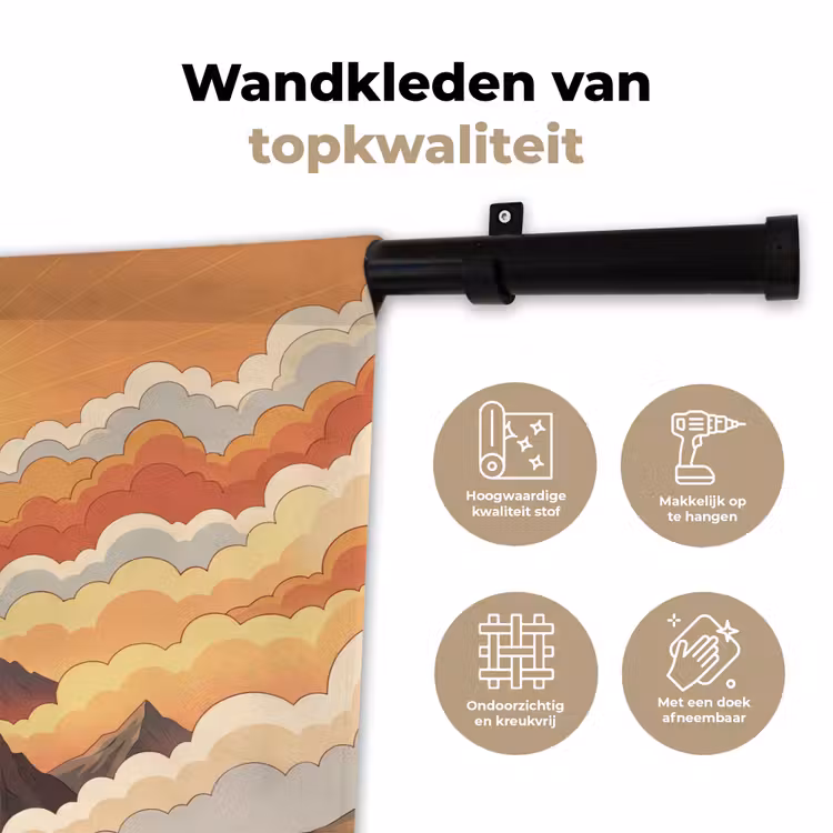 Bergen - Wolken - Natuur - Zonsopgang - Oranje Wandkleed katoen klein -sfeer2