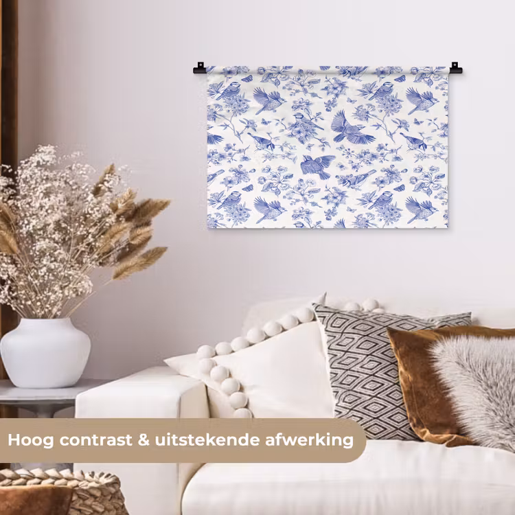 Birds - Flowers - Blue Wandkleed katoen klein 269 -sfeer1